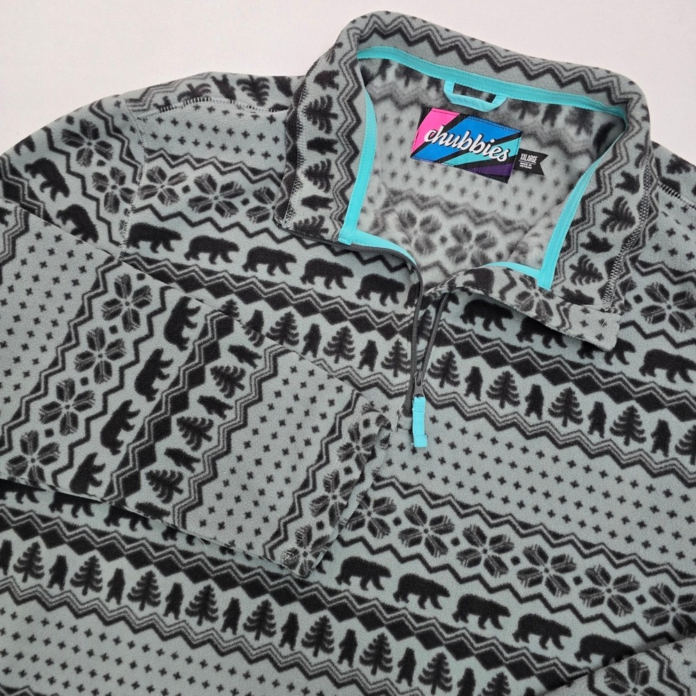 Chubbies Mens XXL Fleece Quarter Zip Pullover Bear Fair Isle Grey Black THD19012